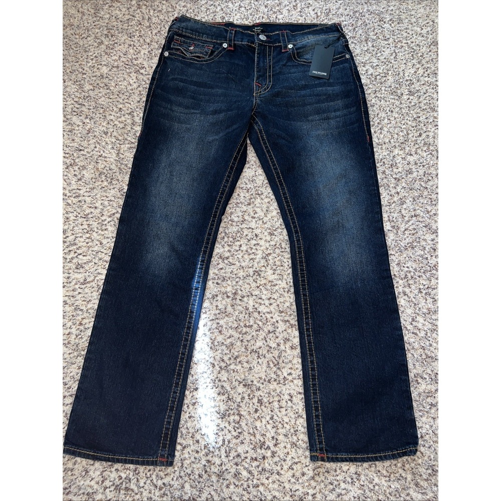 True Religion New Ricky Relaxed Straight Men's Jeans Sz 36x 32 BlueRed Stitch